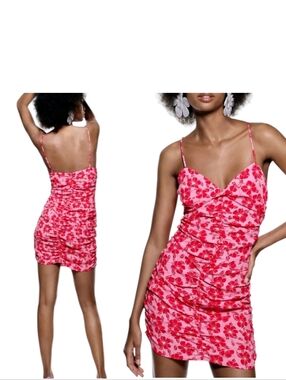 Zara Red & Pink Floral Ruched Slip Dress Spaghetti Strap Mini Dress Size Medium